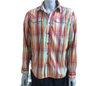 North Face Button Down Cotton Red Orange Green Long Sleeve Shirt Men's Size L